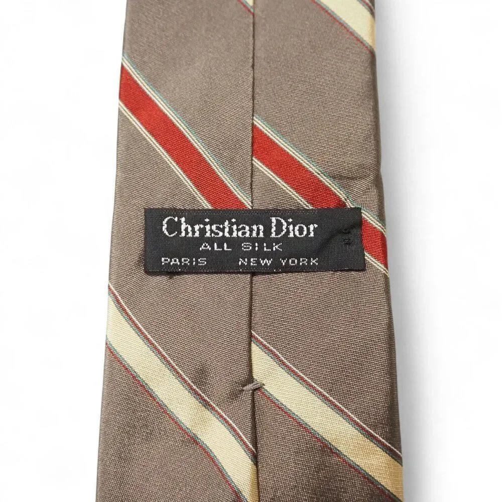 Christian Dior Vintage 100% Silk Tie Brown‎ Red Gold Striped Classic Necktie